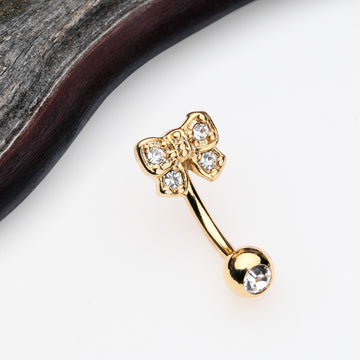Detail View 1 of Golden Dainty Bow-Tie Sparkle Eyebrow Curved Barbell Ring-Clear Gem